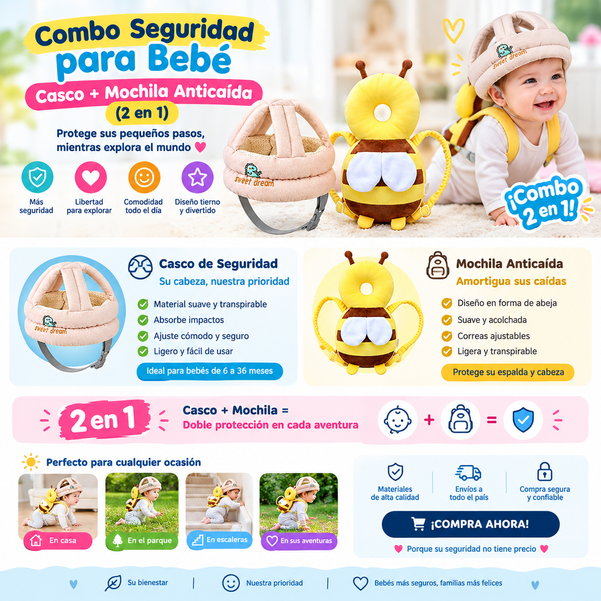 Combo Seguridad para Bebé Casco + Mochila Anticaída (2 en 1)